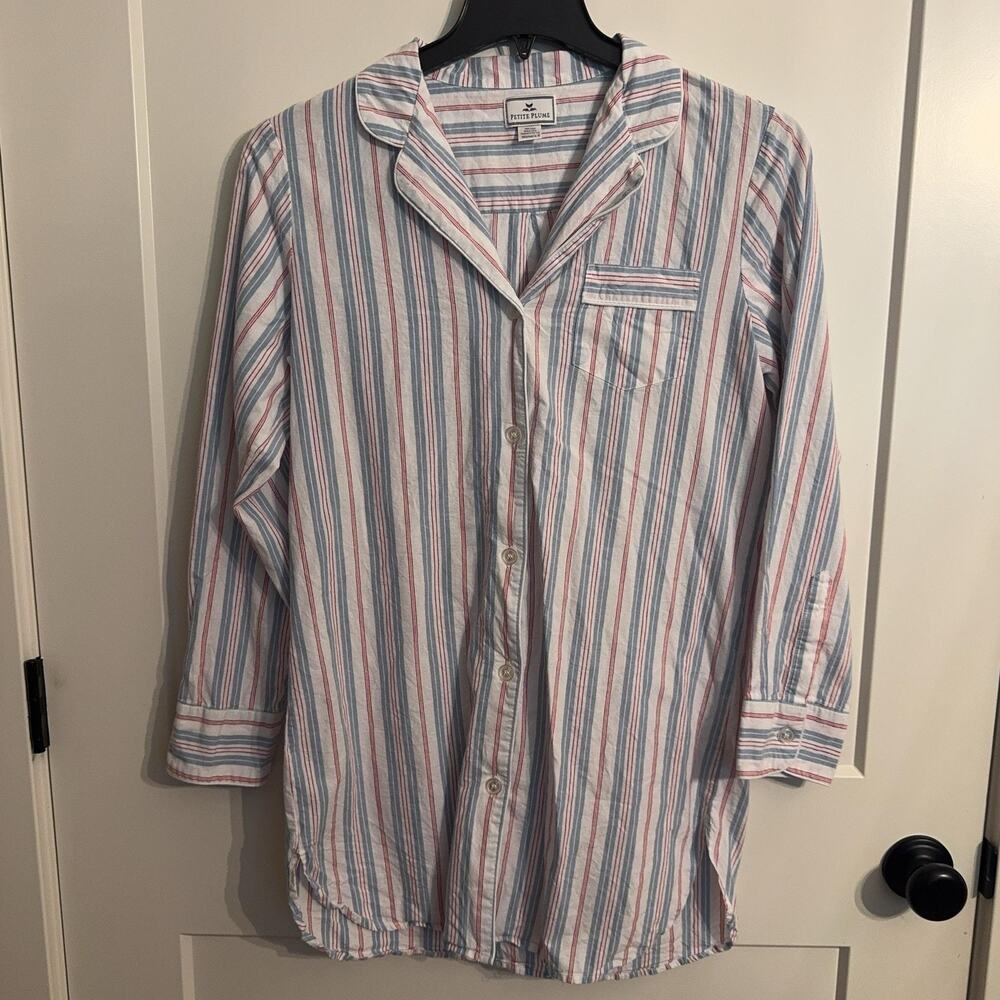 Petite Plume Pajama Sleepshirt Sz S White Striped Button Long Sleeve Old Money